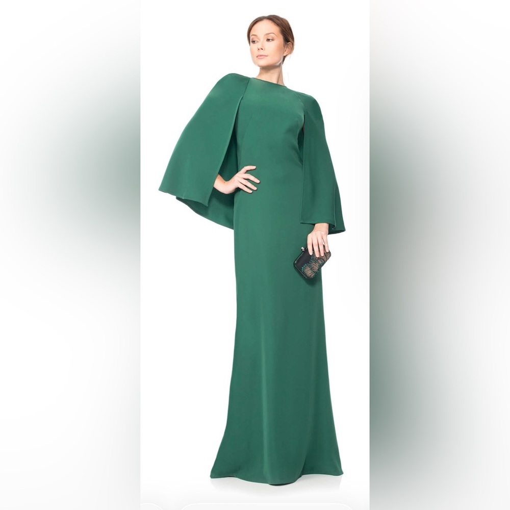 Tadashi Shoji ALG15080L Cedar Green Crepe Evening Gown Long Formal Dress Cape 16